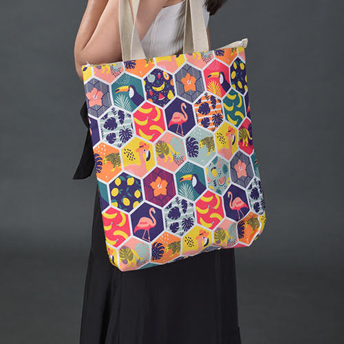 Colorful tropical print canvas tote bag with flamingos, flowers, and leaves – eco-friendly reusable shopping and everyday carry bag